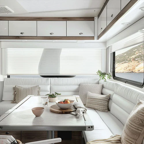 White Motorized RV Cellular Shades 